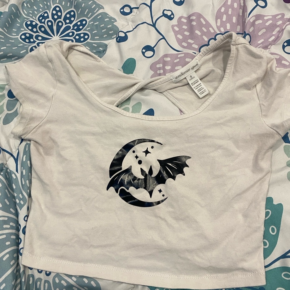 White Crop Top with Black Bat Design